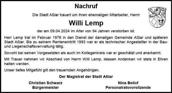 Traueranzeige von Willi Lemp von Wetzlarer Neue Zeitung