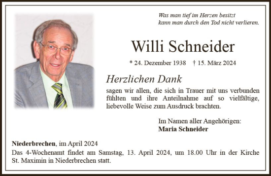 Traueranzeige von Willi Schneider von Nassauische Neue Presse