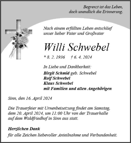 Traueranzeige von Willi Schwebel von Dill Block