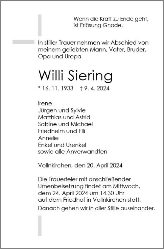 Traueranzeige von Willi Siering von Wetzlarer Neue Zeitung