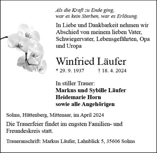 Traueranzeige von Winfried Läufer von Dill Block