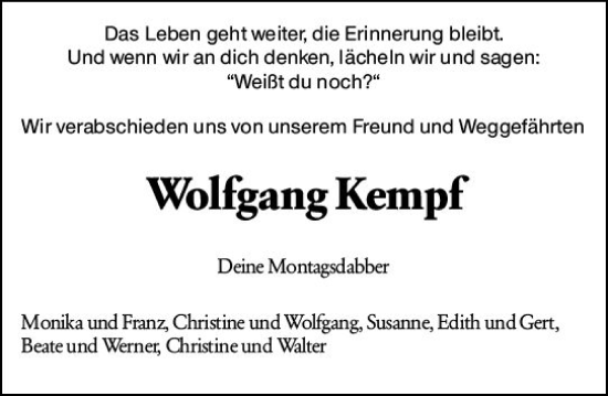 Traueranzeige von Wolfgang Kempf von Dieburger Anzeiger/Groß-Zimmerner Lokal-Anzeiger