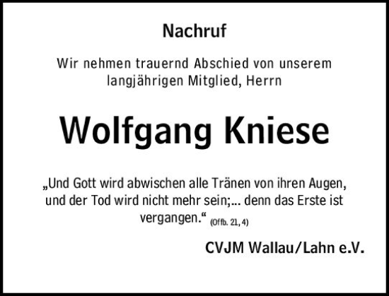Traueranzeige von Wolfgang Kniese von Hinterländer Anzeiger