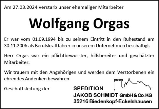 Traueranzeige von Wolfgang Orgas von Hinterländer Anzeiger