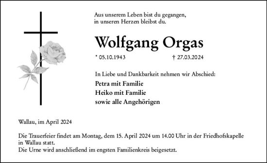 Traueranzeige von Wolfgang Orgas von Hinterländer Anzeiger