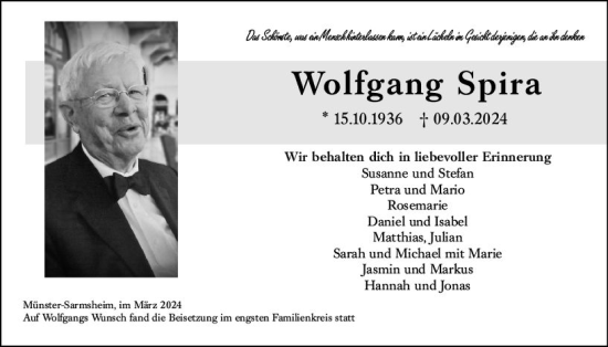 Traueranzeige von Wolfgang Spira von Binger-/Ingelheimer Wochenblatt