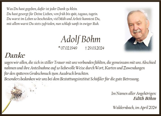 Traueranzeige von Adolf Böhm von Weilburger Tageblatt