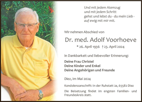 Traueranzeige von Adolf Voorhoeve von Nassauische Neue Presse