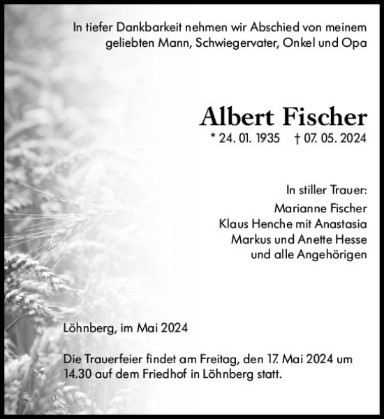 Traueranzeige von Albert Fischer von Weilburger Tageblatt