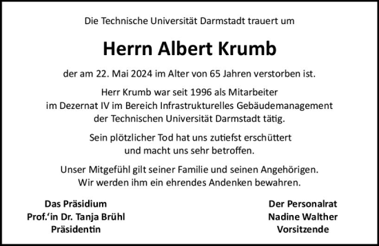 Traueranzeige von Albert Krumb von Darmstädter Echo