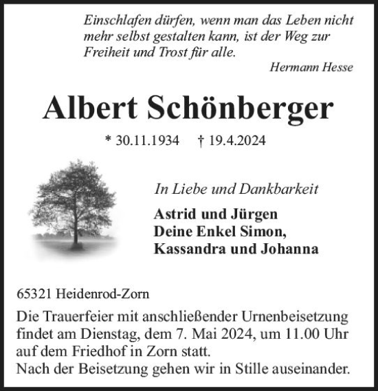 Traueranzeige von Albert Schönberger von Wiesbadener Kurier