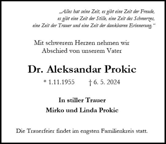 Traueranzeige von Aleksandar Prokic von Wiesbadener Kurier