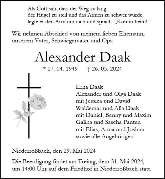 Traueranzeige von Alexander Daak von Dill Block
