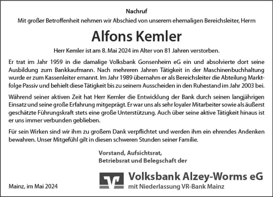 Traueranzeige von Alfons Kemler von Wormser Zeitung
