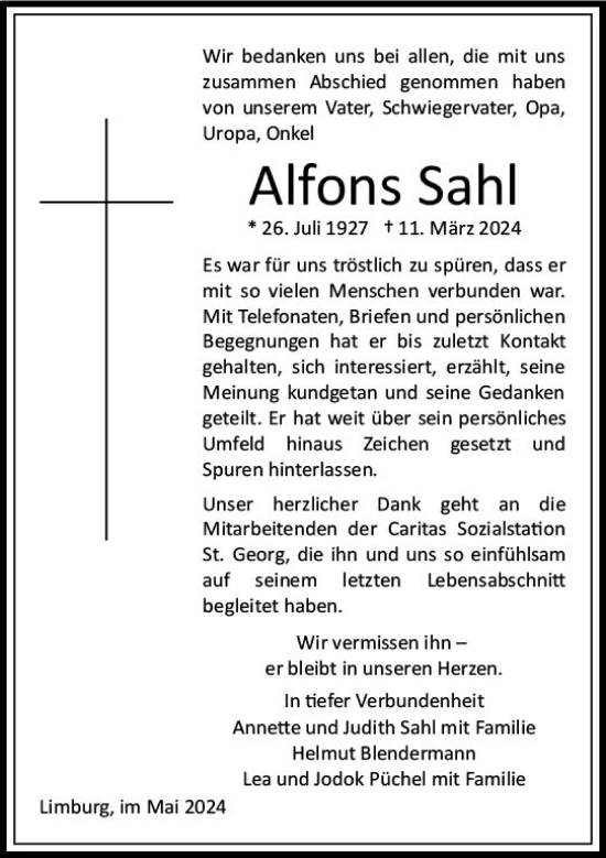 Traueranzeige von Alfons Sahl von Nassauische Neue Presse
