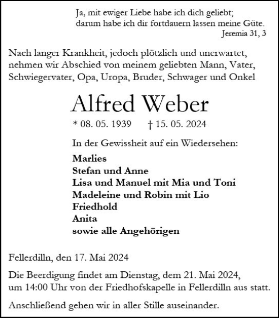Traueranzeige von Alfred Weber von Dill Block