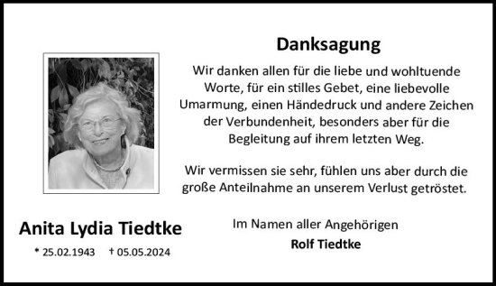Traueranzeige von Anita Lydia Tiedtke von Dieburger Anzeiger/Groß-Zimmerner Lokal-Anzeiger