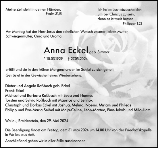 Traueranzeige von Anna Eckel von Hinterländer Anzeiger