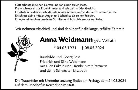 Traueranzeige von Anna Weidmann von Odenwälder Echo