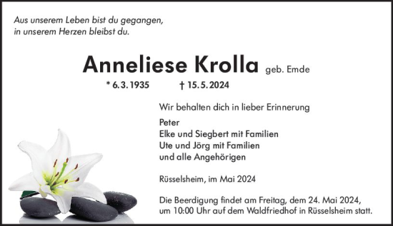 Traueranzeige von Anneliese Krolla von Rüsselsheimer Echo