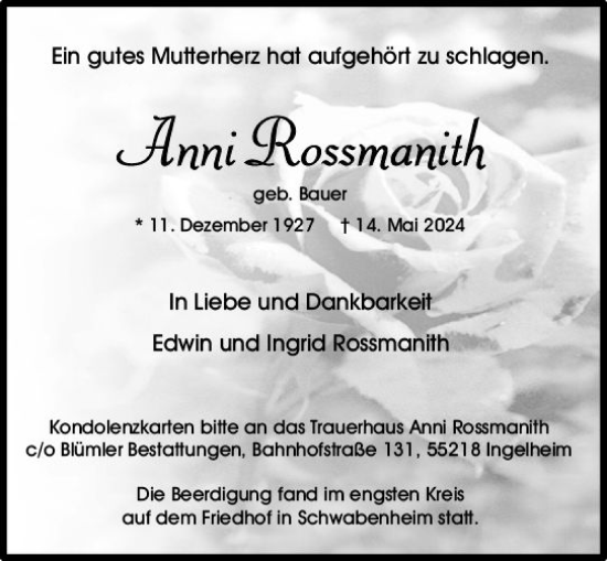 Traueranzeige von Anni Rossmanith von Allgemeine Zeitung Bingen/Ingelheim