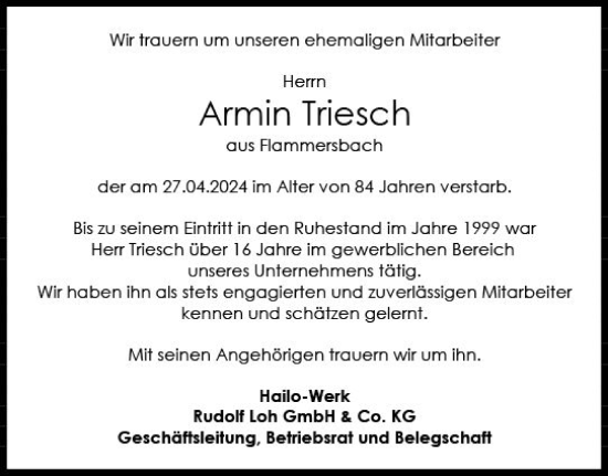 Traueranzeige von Armin Triesch von Dill Block