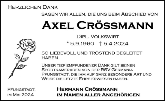 Traueranzeige von Axel Crößmann von Darmstädter Echo