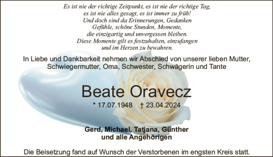 Traueranzeige von Beate Oravecz von Starkenburger Echo