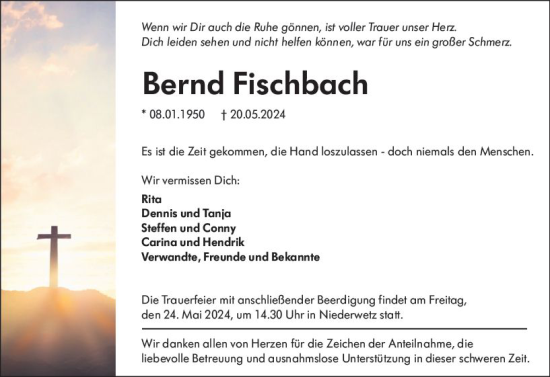 Traueranzeige von Bernd Fischbach von Wetzlarer Neue Zeitung