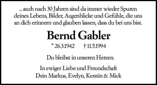 Traueranzeige von Bernd Gabler von Wiesbadener Kurier