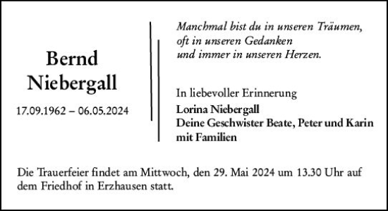 Traueranzeige von Bernd Niebergall von Darmstädter Echo