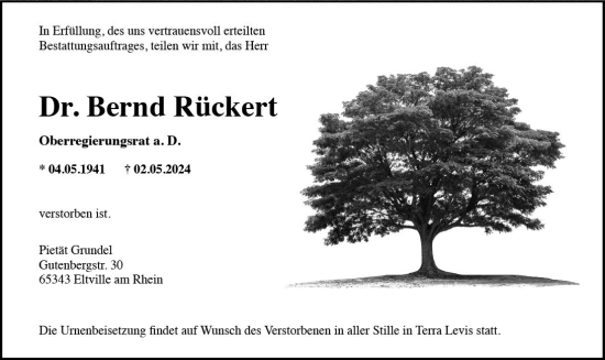 Traueranzeige von Bernd Rückert von Wiesbadener Kurier