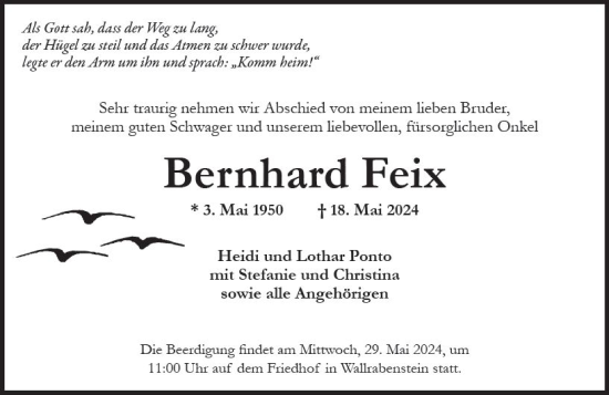 Traueranzeige von Bernhard Feix von Idsteiner Land/Untertaunus