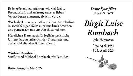 Traueranzeige von Birgit Luise Rombach von Hinterländer Anzeiger