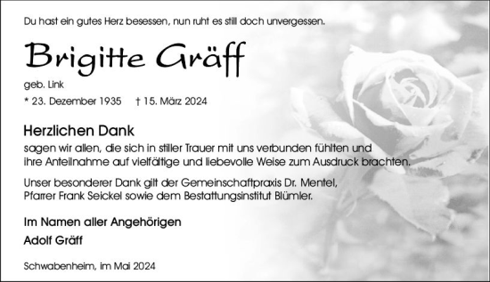 Traueranzeige von Brigitte Gräff von Allgemeine Zeitung Bingen/Ingelheim