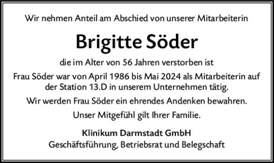 Traueranzeige von Brigitte Söder von Darmstädter Echo