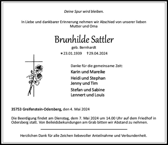 Traueranzeige von Brunhilde Sattler von Dill Block