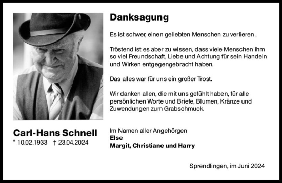 Traueranzeige von Carl-Hans Schnell von Allgemeine Zeitung Bingen/Ingelheim