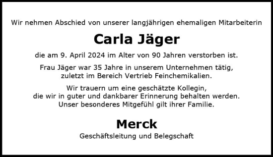 Traueranzeige von Carla Jäger von Darmstädter Echo