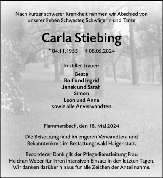 Traueranzeige von Carla Stiebing von Dill Block