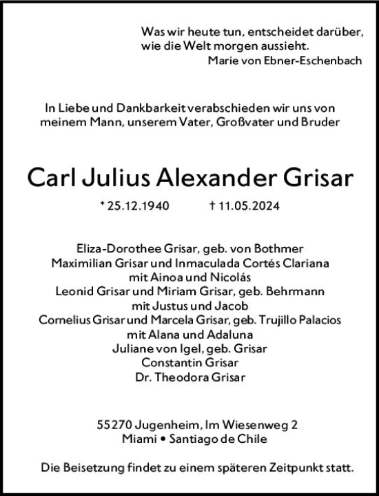 Traueranzeige von Carl Julius Alexander Grisar von Allgemeine Zeitung Mainz