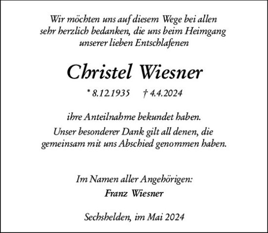Traueranzeige von Christel Wiesner von Dill Block
