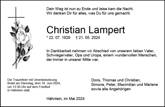 Traueranzeige von Christian Lampert von Darmstädter Echo