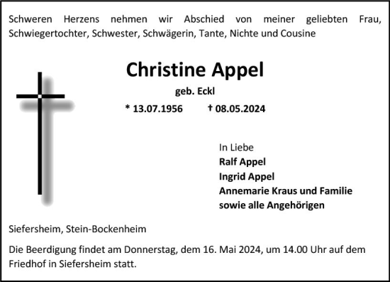 Traueranzeige von Christine Appel von Allgemeine Zeitung Alzey
