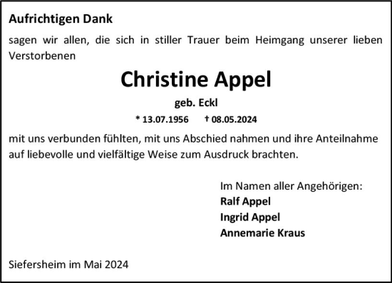 Traueranzeige von Christine Appel von Allgemeine Zeitung Alzey