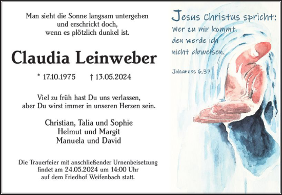 Traueranzeige von Claudia Leinweber von Hinterländer Anzeiger