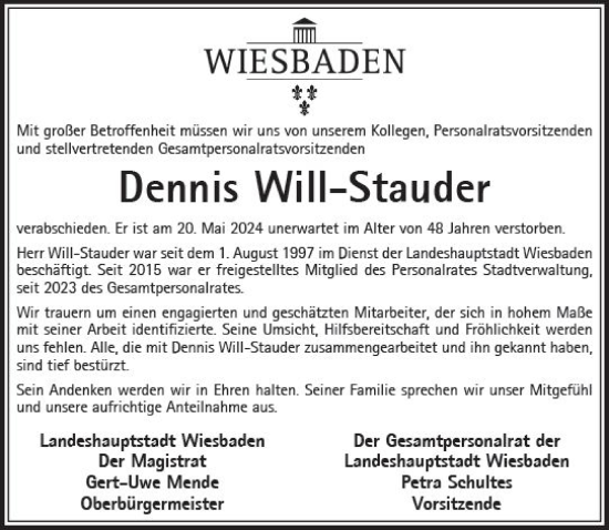 Traueranzeige von Dennis Will-Stauder von Wiesbadener Kurier