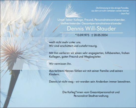 Traueranzeige von Dennis Will-Stauder von Wiesbadener Kurier