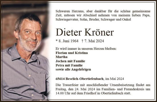 Traueranzeige von Dieter Kröner von Weilburger Tageblatt