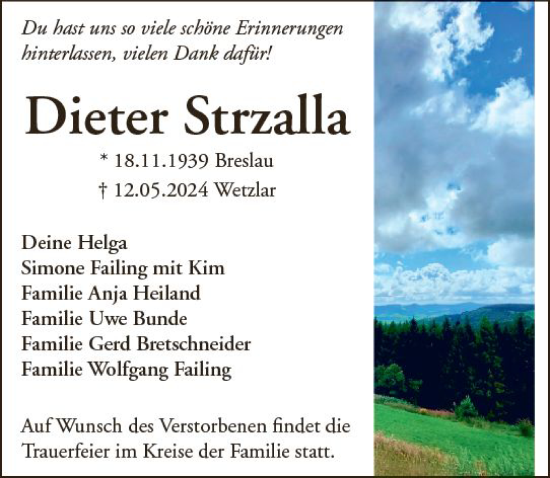 Traueranzeige von Dieter Strzalla von Wetzlarer Neue Zeitung
